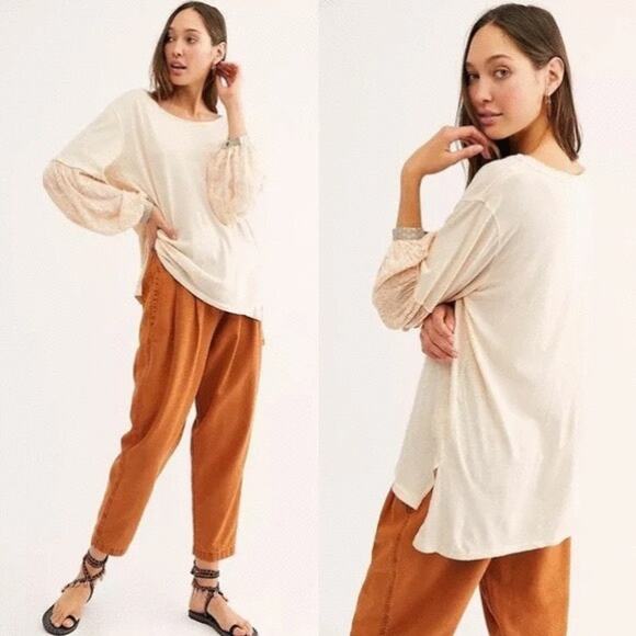 Free People Jade Ivory Contrast Balloon Sleeve Oversized Blouse Size S Small - Picture 1 of 5